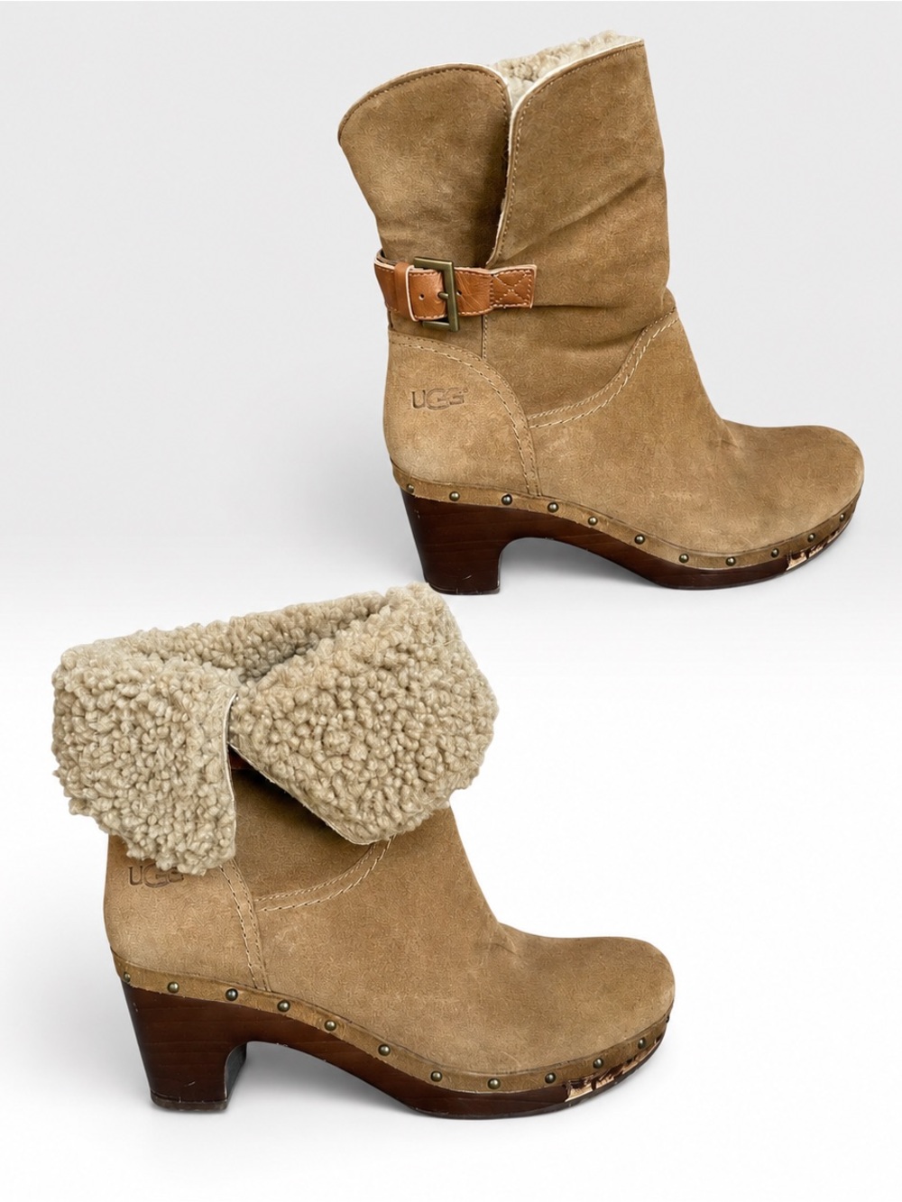UGG Lynnea Fold Over Tan Suede Leather Shearling Cuff Clog Boot Women’s Sz 10